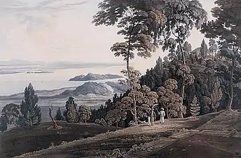 Vue de Jerejak depuis l'île de Penang en 1817.