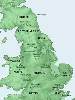 carte de l'Angleterre centrée sur la Mercie indiquant des lieux de batailles