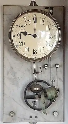 Premier système d'horloge électrique avec pour balancier un pendule à barre aimantée passant dans une bobine.