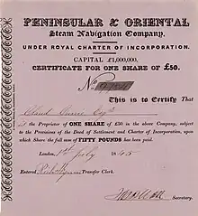 Action de la Peninsular & Oriental Steam Navigation Company de 50 £, émise à Londres le 1er juillet 1845