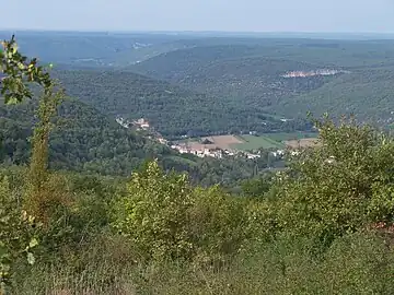 photo couleur d'une vallée encaissée très boisée prise depuis un point haut. Un piton rocheux porte un château et une barre rocheuse blanche perce sous la forêt.