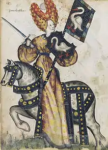 coiffure à bourrelets (Petit armorial équestre de la Toison d'or, vers 1460-1470)