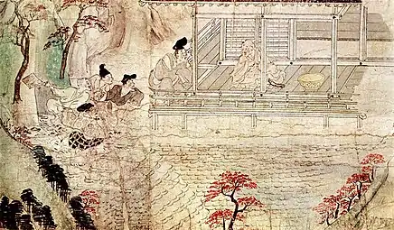Peinture. Un moine est assis sur une véranda. Un homme est agenouillé devant lui et quatre autres en contrebas de la véranda.