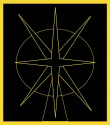 Sur fond noir, le contour jaune de deux étoiles à quatre branches superposées et le contour d'un cercle plus petit que les branches des étoiles.