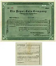 Action de la Pepsi-Cola Company, émise le 5 avril 1922 au nom de Caleb Bradham et endossée par ce dernier au verso