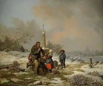 Paysage d'hiver avec vagabond et enfants, 1840, huile sur toile 46 X 55 cm