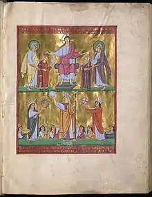 Saint Henri et sainte Cunégonde couronnés par le Christ (en haut), miniature du Livre des Péricopes d'Henri II.