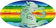 Carte de l'ancien supercontinent Pangée, montrant la répartition des tétrapodes durant le Permien et le Trias.