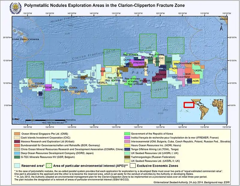 Carte des permis miniers accordés par l'ISA dans le Pacifique (International Seabed Authority
