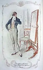 Illustration. Un homme s'admire devant un miroir en pied