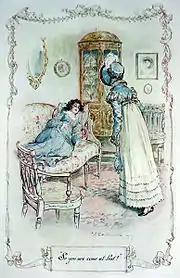 Illustration. Une visiteuse debout, une jeune femme couchée sur un canapé