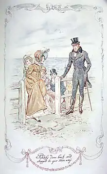 Illustration. Un gentleman en arrêt devant une jeune fille émergeant d'un escalier
