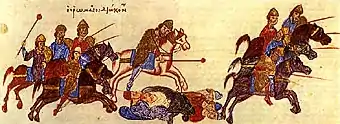 Poursuite des guerriers de Sviatoslav par l'armée byzantine, miniature du XIe siècle des chroniques de Jean Ier Tzimiskès.