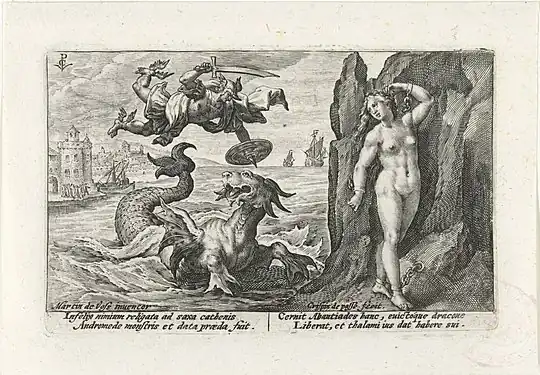 Crispin de Passe l'Ancien d'après Maarten de Vos, Persée et Andromède, estampe tirée des Métamorphoses d'Ovide éditées en 1607. Rijksmuseum.