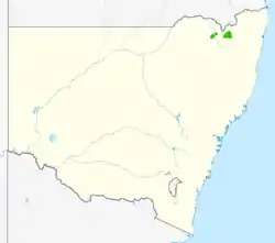 Une carte de la Nouvelle-Galles du Sud montrant la répartition en vert.