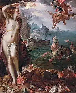 Persée secourant Andromède par Joachim Wtewael, 1611. Pégase est alezan, avec de très petites ailes.
