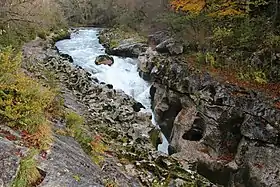 Vue du début des pertes lorsque la Valserine s'engouffre dans le canyon en fente.