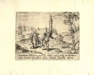 Saint Pierre chassant un soldat français de Louvain, eau-forte.