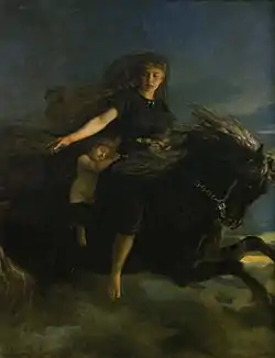 Dans un ciel nuageux crépusculaire une jeune femme vêtue d'une tunique noire, un enfant assoupi à ses côtés, chevauche un cheval noir semblant flotter dans les airs.