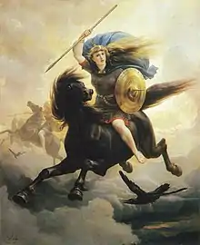 Femme en armure équipée d'une lance et d'un bouclier chevauchant un cheval dans les airs au-dessus des nuages.