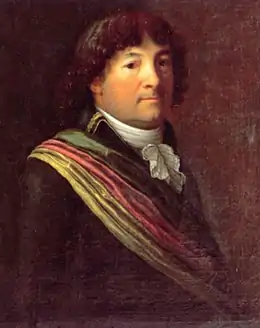 Portrait en peinture d'un notable de trois quarts portant un costume et une écharpe multi-colore.
