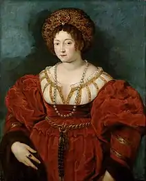 Portrait en buste d'une jeune femme portant une riche robe rouge.