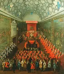 Peinture en couleur d'une scène parlementaire.