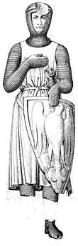 Dessin en noir et blanc en pied représentant un homme en cotte de maille et tenant un bouclier.