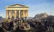 Tableau représentant un jeune homme entouré d'une foule nombreuse devant les ruines d'un temple antique.