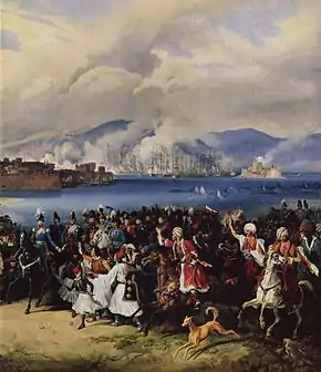 Tableau représentant une foule composé d'hommes à cheval en tenu occidentale et d'hommes aux costumes orientaux, attroupés devant la mer.