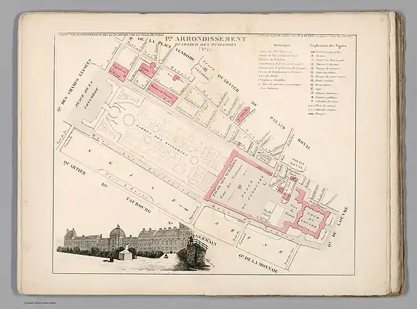 Plan du quartier des Tuileries dans l'ancien 1er arrondissement en 1834.