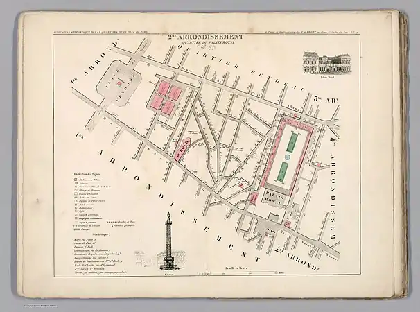 Plan du quartier du Palais Royal dans l'ancien 2e arrondissement en 1834.