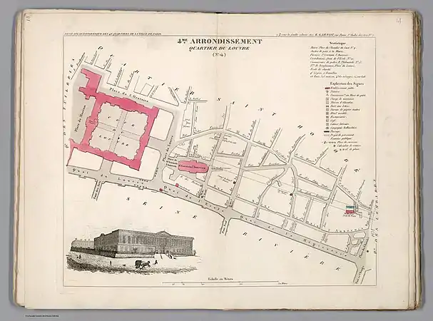 Plan du quartier du Louvre dans l'ancien 4e arrondissement en 1834.