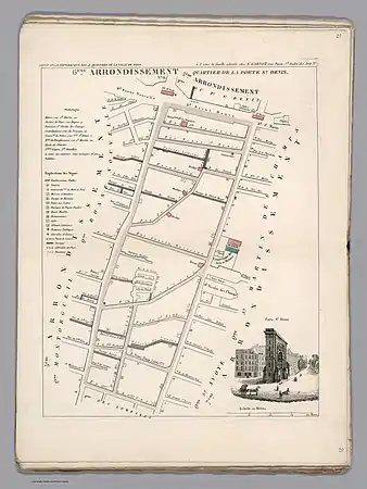 Plan du quartier de la Porte Saint Denis dans l'ancien 6e arrondissement en 1834.