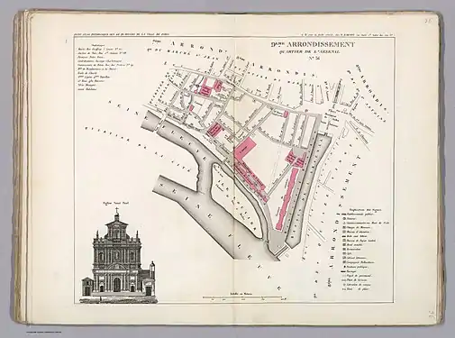 Plan du quartier de l'Arsenal dans l'ancien 9e arrondissement en 1834.