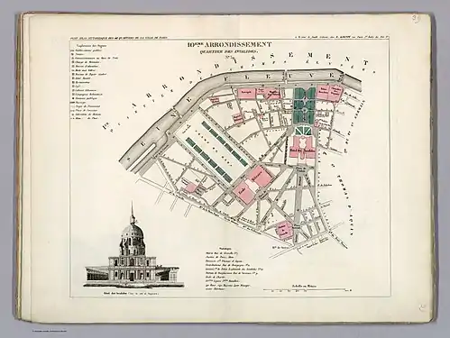 Plan du quartier des Invalides dans l'ancien 10e arrondissement en 1834.