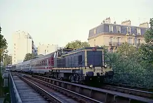 Un train de jonction de la gare du Nord à Paris-Gare-de-Lyon au-dessus de l'avenue Daumesnil, en 1985.