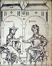 Dessin représentant deux hommes assis portant d'amples tuniques discutant sous les arches d'un bâtiment.