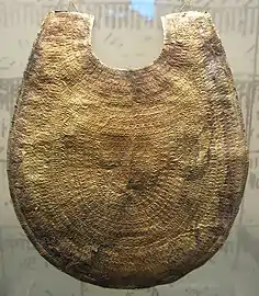 pectoral ancien doré, couvert de fines ornementations gravées.