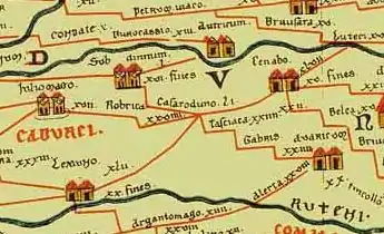 Dessin en couleurs : extrait d'une carte antique avec le tracé d'anciennes voies.
