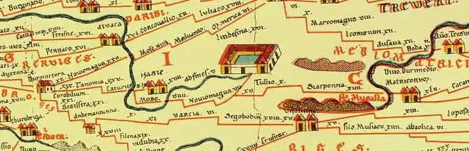 Représentation de la voie romaine entre Reims et Metz sur une ancienne carte du 13e siècle.