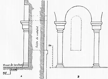 Position des fenêtres préromanes placées dans les contreforts plats, par rapport aux arcatures intérieures romanes : A- En coupe, B- En élévation intérieure