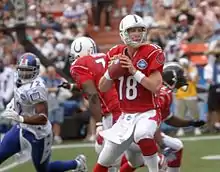 De face, un joueur de football américain en tenue avec un casque blanc, un maillot rouge et des bas blancs, balle en main, regarde au loin.