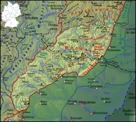 Carte de localisation de la Vasgovie (le massif des Vosges du Nord correspond à sa partie française).