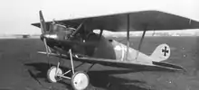 Avion biplan vu de côté. La livrée de Berthold est en deux couleurs : le nez de l'avion en rouge, l'arrière en bleu, avec une épée ailée blanche sur ses flancs.