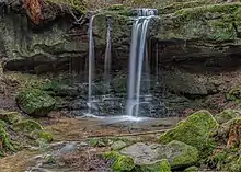 Quelques fils d'eau tombe depuis un rocher en surplomb dans une petite mare entourée de rochers moussus.