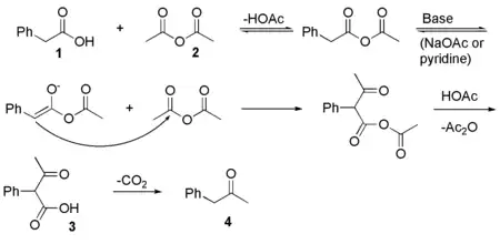 Une méthode de synthèse de la phénylacétone, par la réaction de Dakin-West à partir de l'acide phénylacétique et de l'anhydride acétique.