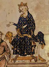 Illustration en couleurs d'un homme sur son trône royal.