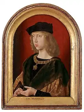 Portrait en buste d'un jeune homme de trois-quart face, portant les cheveux longs, bonnet et manteau doublé de fourrure.