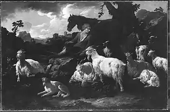 Berger avec troupeau de chèvres, cheval et deux chiens